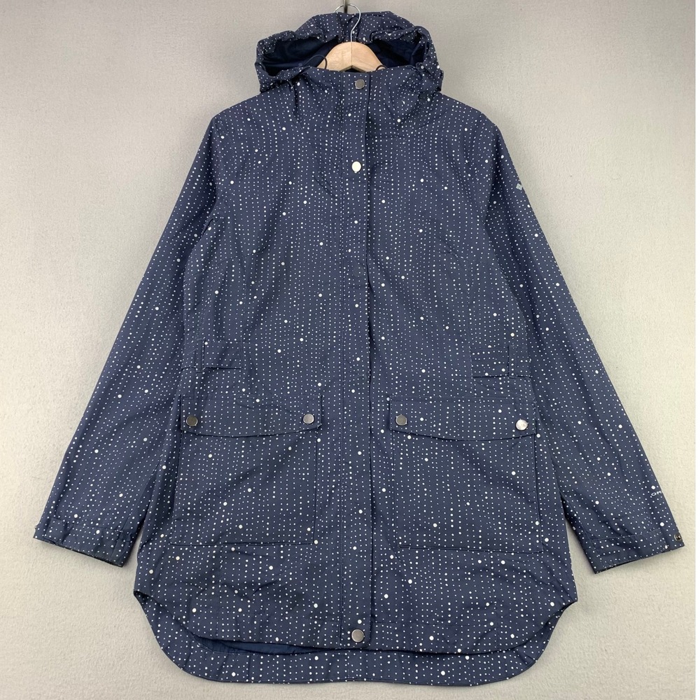 Columbia Rain Jacket Women M Navy Blue Polka Dot Hooded Outdoor Parka